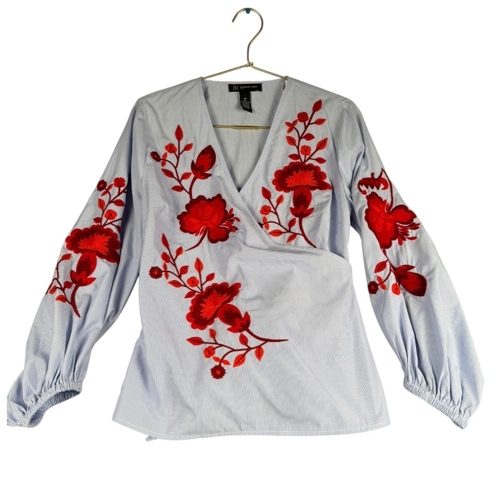 INC International Concepts Striped Floral Embroidered Wrap Blouse Top MP 659